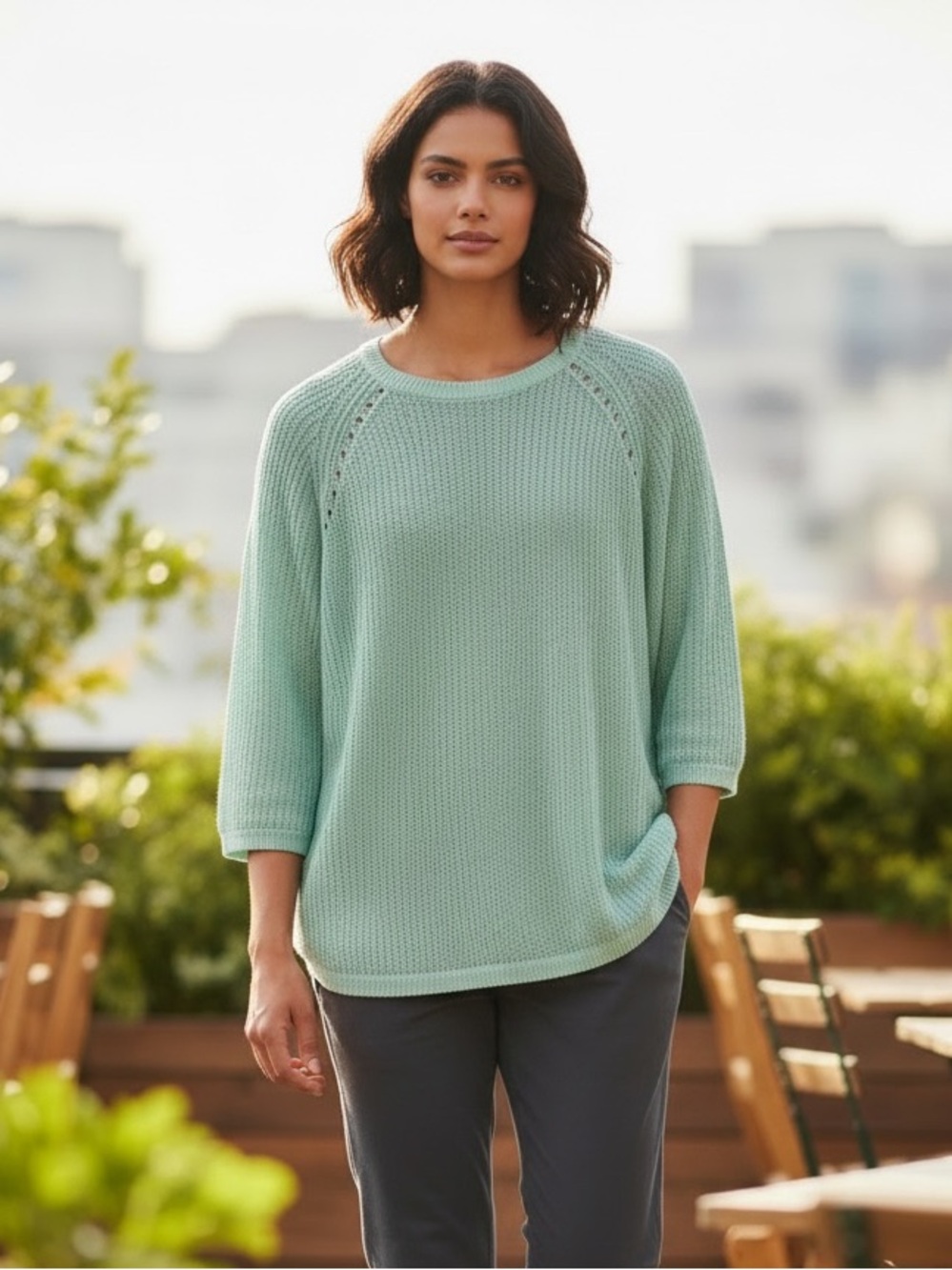EILEEN FISHER 100% Linen Seafoam Lightweight Knit Sweater - Size M - Flawed